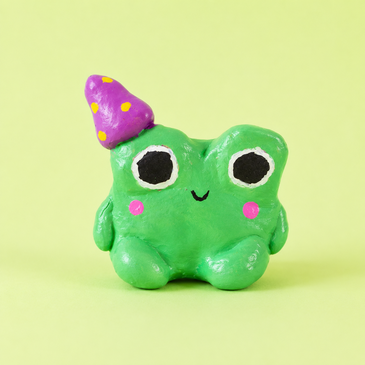 Green toy frog with a purple party hat on a light yellow background